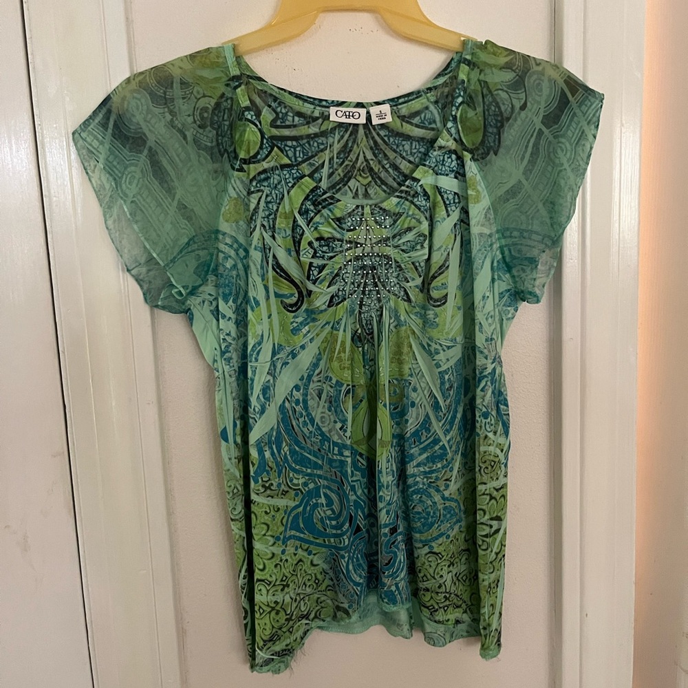 Cato Green and Blue Cap Sleeve Rounded Neckline Blouse